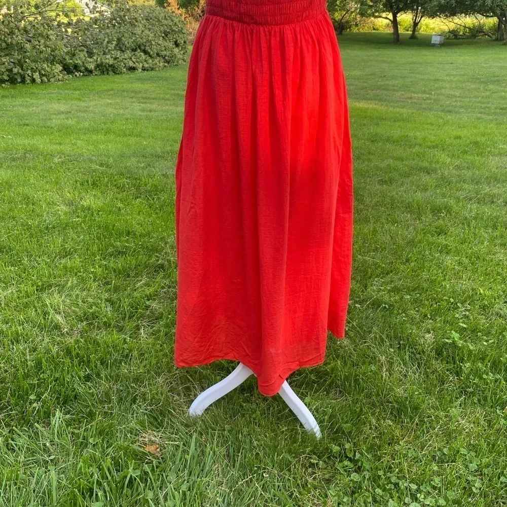 & Other Stories Red Cotton Maxi Dress Ruched Smocked Size 8